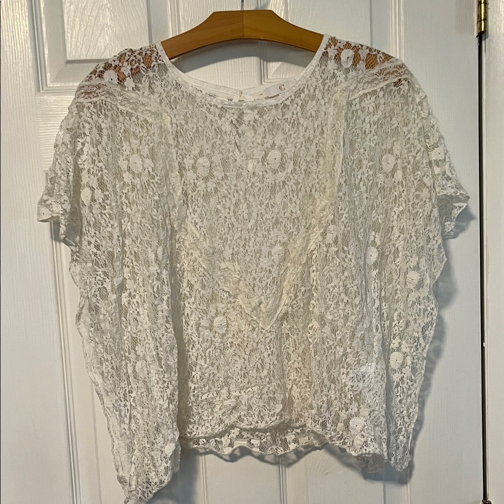 Charming Charlie Ivory Floral Lace Short Sleeve Blouse